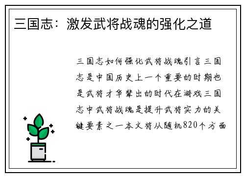 三国志：激发武将战魂的强化之道