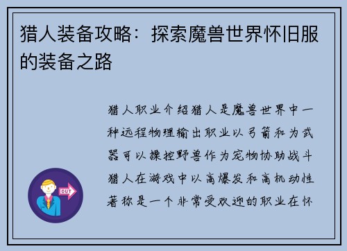 猎人装备攻略：探索魔兽世界怀旧服的装备之路