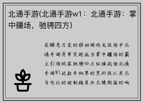 北通手游(北通手游w1：北通手游：掌中疆场，驰骋四方)